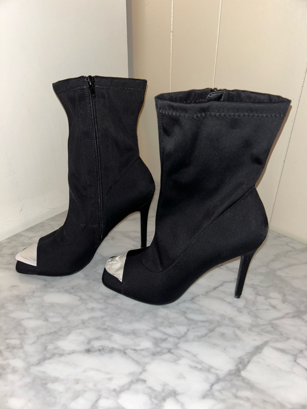 Black Peep-Toe Stiletto Sock Boots